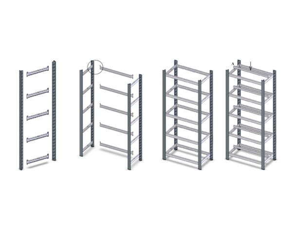 Rayonnage métallique avec plusieurs étagères personnalisables.